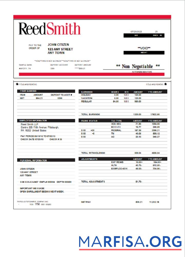 Downloadable USA Reed Smith LLP law company pay stub download for verification